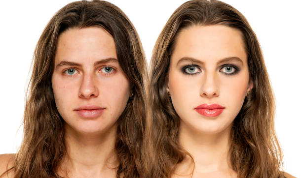 istock Comparison portrait of a young woman without and with makeup on a white background 1581429888