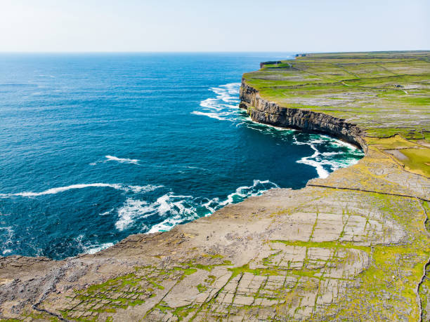 veduta aerea di inishmore o inis mor, la più grande delle isole aran nella baia di galway, in irlanda. - farm florida cattle travel locations foto e immagini stock