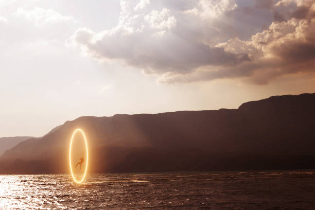 istock futuristic stunning bright neon circular lighting while kitesurfing on the beach 1581478592