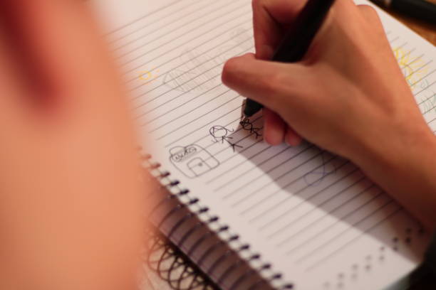 istock Focus on a Child's Drawings in his Notebook 1581523368