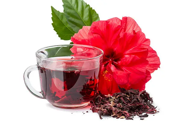 Red flower and hibiscus hot tea on white background