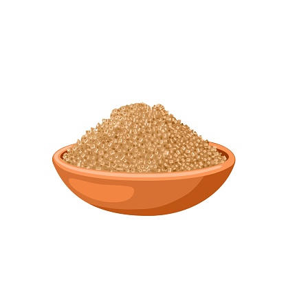 Vector illustration, brown sugar in a wooden bowl, isolated on white background.