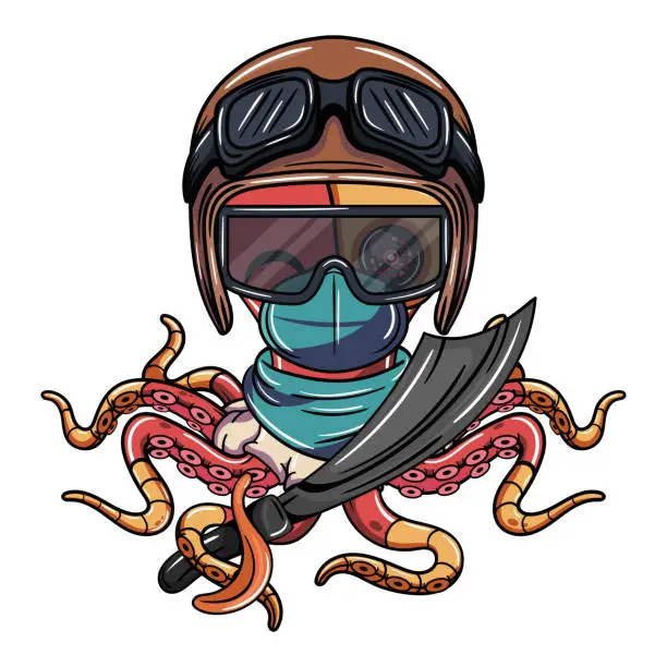 Vector illustration of Cartoon character of octopus cyborg airplane pilot with glasses, mask and pirate sword. Illustration for fantasy, science fiction and adventure comics