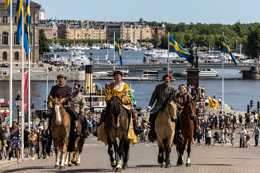 Stockholm, Sweden June 24, 2023 A reenactment parade and onlookers to commemorate 500 years since King Gustav Wasa took Stockholm in 1523 to create the nation of Sweden at the Royal Palace.