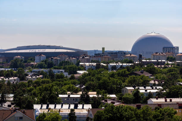 Stockholm, Sweden June 27, 2023 A view of the Tele2 Arena and the Avicci Globe arena.