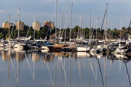 Stockholm, Sweden June 27, 2023 A sailboat marina on Djurgarden looking out over the water towards the Danviken district.