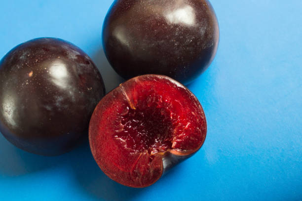 Juicy summer plum fruit. One ripe sweet plum isolated on white background.
