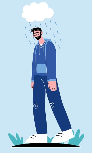 The illustration portrays a sad, lonely bearded man walking in the rain.