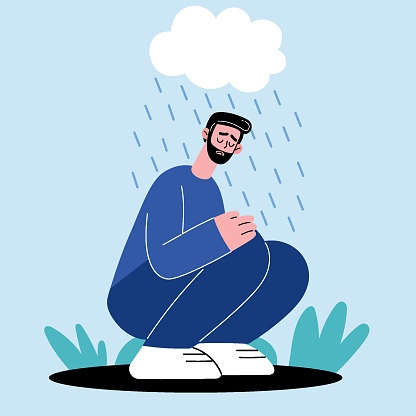 The illustration depicts a melancholic, solitary bearded man sitting under the rain.