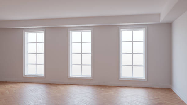 istock Interior with White Walls, Three Large Windows, Light Glossy Herringbone Parquet 1581619665