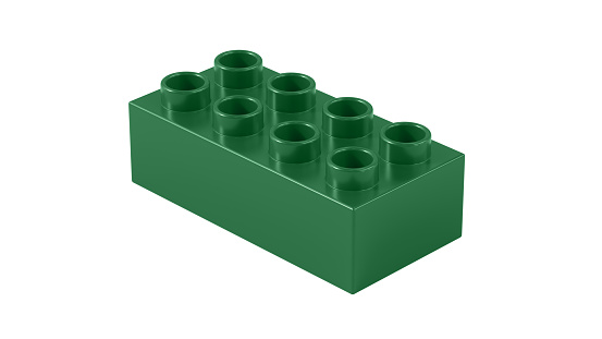 Spruce Plastic Toy Block Isolated on a White Background. Children Toy Brick, Perspective View. Close Up View of a Game Block for Constructors. 3D illustration. 8K Ultra HD, 7680x4320, 300 dpi