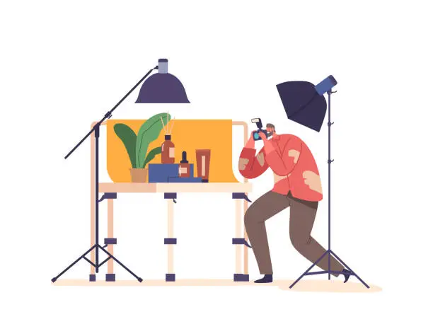 Vector illustration of Photographer Male Character Captures Cosmetics In A Well-lit Photo Studio, Showcasing Vibrant Colors And Textures