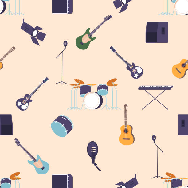 illustrations, cliparts, dessins animés et icônes de motif transparent avec des éléments de musique rock comme des guitares, des microphones, des batteries et des claviers. arrière-plan de la tuile - seamless tile audio