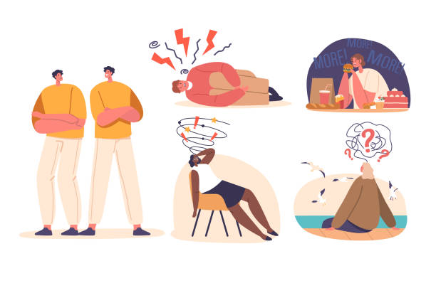 Set Of Characters With Psychological Problems Bipolar Disorder, Overeating, Depression. Mental Health Issues Set Of Characters With Psychological Problems Bipolar Disorder, Overeating, Depression. Mental Health Issues Affecting Emotions, And Behavior, Leading To Distress. Cartoon People Vector Illustration brain eater stock illustrations