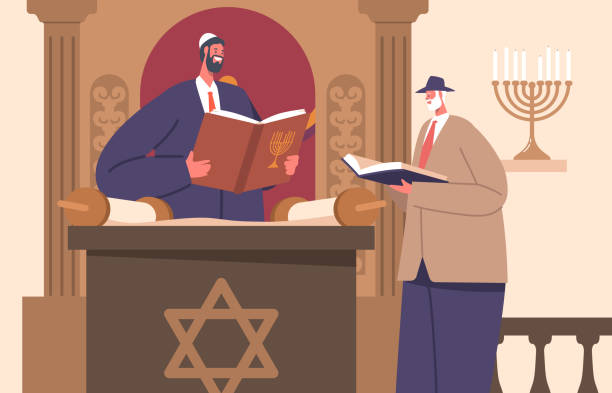 ilustrações de stock, clip art, desenhos animados e ícones de sacred gathering at synagogue, where prayers, torah readings, and teachings are conducted, cartoon vector illustration - teachings