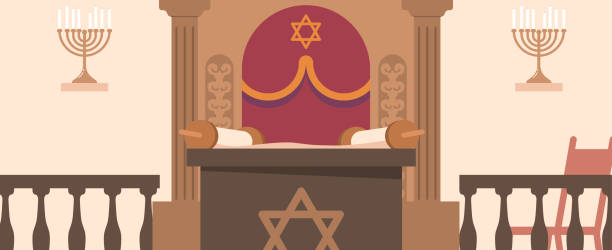 illustrazioni stock, clip art, cartoni animati e icone di tendenza di interno della sinagoga, ornato con l'arca, bimah e rotoli della torah al centro. decorato con simboli religiosi - torah ark