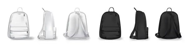 Vector illustration of Black and white backpack design front, back and side view set. College or school rucksack mockup vector illustration. Realistic youth pack of fabric for study or sport isolated on white background