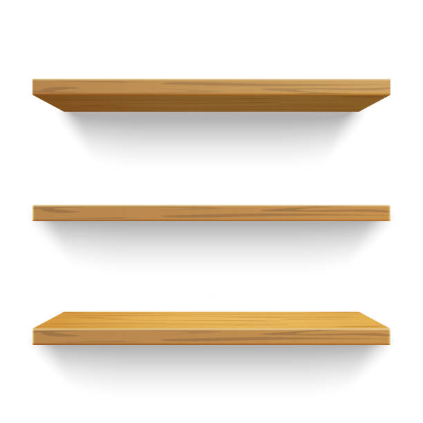 istock Three wood shelves on white background. Vector realistic tabletop sheets, kitchen furniture of natural materials on perspective proection 1581620120