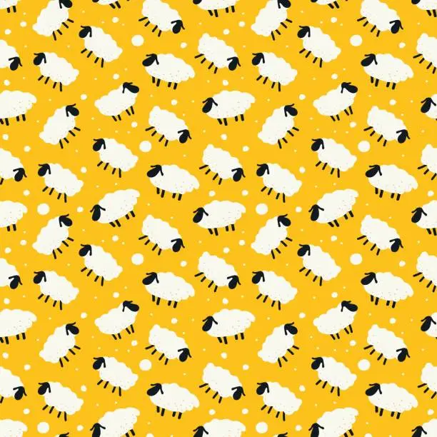 Vector illustration of Seamless pattern with little white cute lambs drawn with simple cartoon style shapes running on a yellow field for textile or object prints