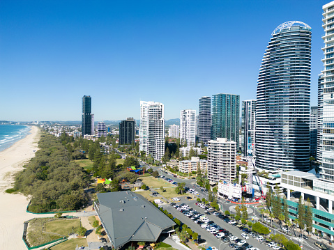 Aerial view of beachfront and hi-rise buildings at Broadbeach, Gold Coast, Australia