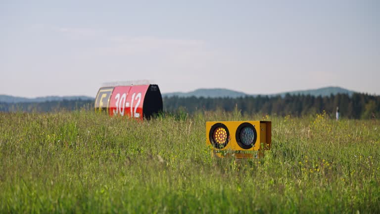 Airfield Greenery And Essential Airport Signs And Lights Blinking