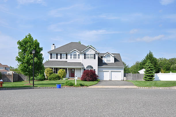 Trash Day Suburban House Residential Neighborhood stock photo