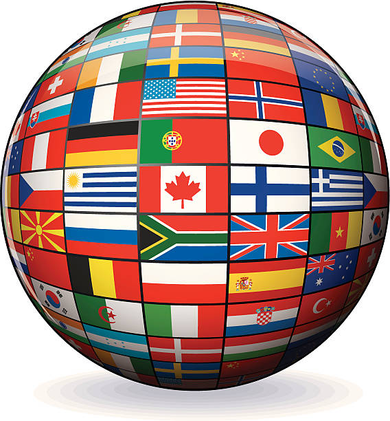globus mit flaggen der welt. vektor-bild - all european flags stock-grafiken, -clipart, -cartoons und -symbole