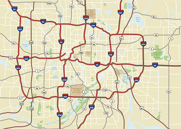 Minneapolis Area Street Map A street map of the Minneapolis, Minnesota area.  Includes the St Paul area. Interstates, US Routes and State routes are labeled.  The many local area streets are included but are not labeled. minneapolis illustrations stock illustrations