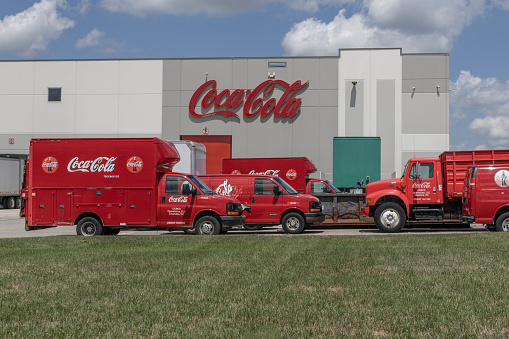 Whitestown - July 30, 2023: Coca-Cola plant. Coca-Cola manufactures Coke, Diet Coke, Sprite, Dasani, and various Coke coffee products.