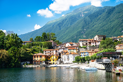 Italy, Piedmont : Mergozzo is one of the prettiest lakeside villages in the Lake Maggiore area. It’s situated on the shore of Lake Mergozzo, separated from Lake Maggiore due to the continual flooding of the River Toce, in Northern Italy, great lakes region.