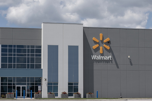 Whitestown - July 30, 2023: Walmart Supply Chain and Home Office warehouse. Walmart offers goods in local stores, on the internet, and the Walmart app.