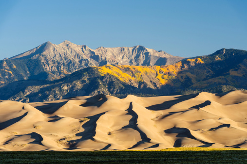 Great Sand Dunes National Park with fall foliage in horizontal orientation