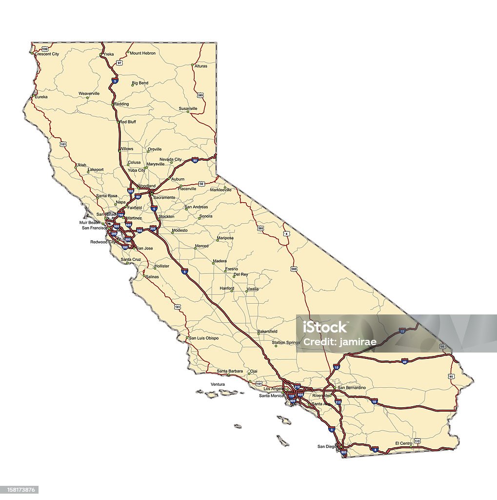 California Highway Map Highway map of the state of California with Interstates, US Routes and state routes.  It also has lines for other major roads (but not labeled).  It has all county seats and the State Capitol on it.  California stock vector