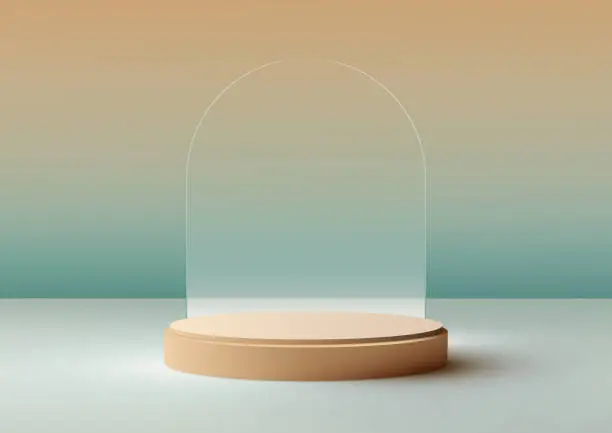 Vector illustration of 3D Beige Podium with Transparent Glass Backdrop