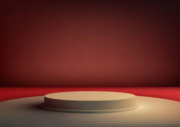 Vector illustration of 3D Beige Podium on Beige Floor with Red Background