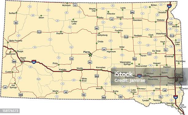 Sud Dakota Autostrada Mappa - Immagini vettoriali stock e altre immagini di Dakota del Sud - Dakota del Sud, Carta geografica, Città