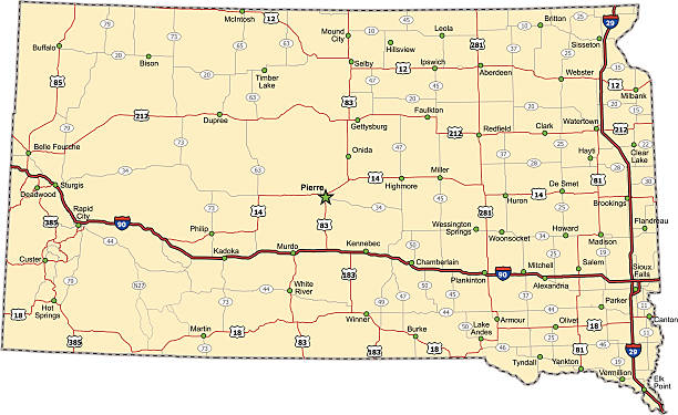 South Dakota Highway Map Highway map of the state of South Dakota with Interstates, US Routes and state routes.  It also has lines for other major roads (but not labeled).  It has many cities and the State Capitol on it.  south dakota stock illustrations