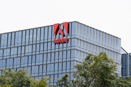 Adobe headquarters in San Jose, California, USA - June 10, 2023.Adobe Inc., is an American multinational computer software company.
