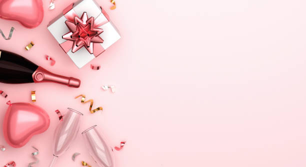 istock Happy Valentines day background with text copy space with realistic heart balloon, champagne and rose gold confetti. Top view. 3D rendering illustration 1581812900