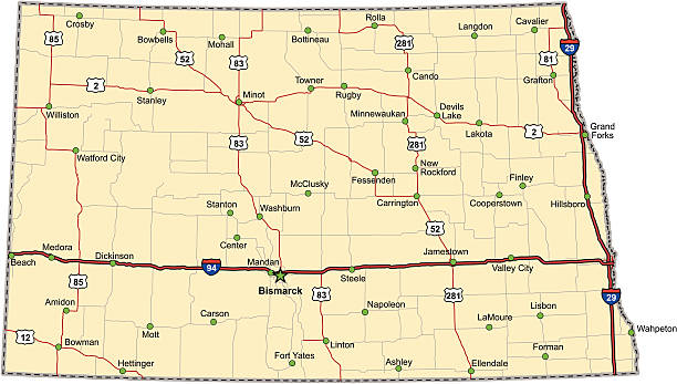 North Dakota Highway Map (vector) Highway map of the state of North Dakota with Interstates and US Routes.  It also has lines for state and county routes (but not labeled) and many cities  on it as well.  All cities are the County Seats and the Capitol (and some others).  north dakota stock illustrations