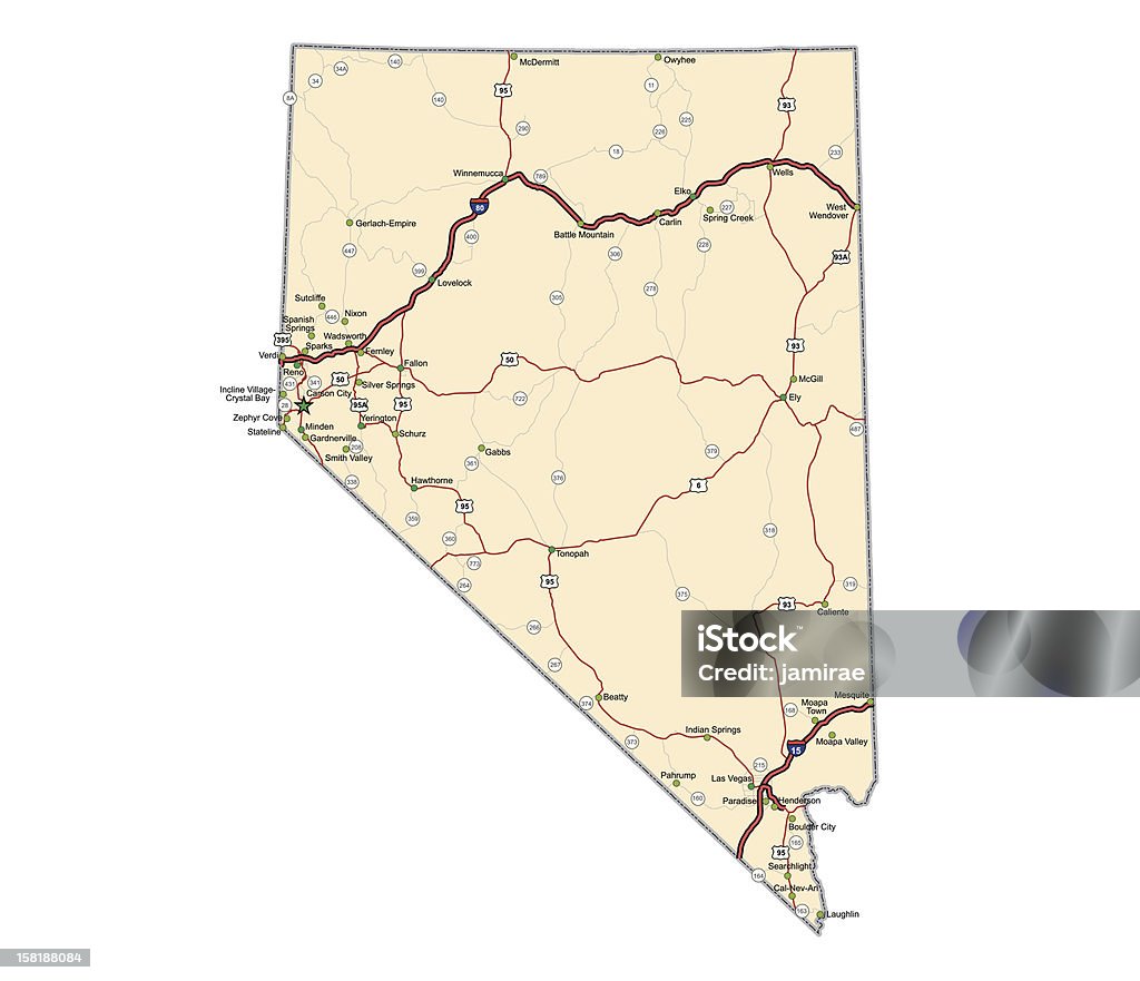 Nevada Highway Map Highway map of the state of Nevada with Interstates and US Routes.  It also has many, but not all, state routes (labeled) and many cities on it as well (all county seats, State Capitol and many other cities, but not all).   Nevada stock vector