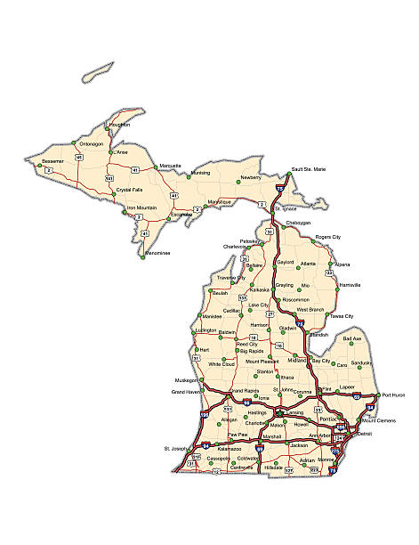 Michigan Highway Map Highway map of the state of Michigan with Interstates and US Routes.  It also has lines for state and county routes (but not labeled/named) and many cities on it as well.  All cities are the County Seats and the Capitol.  michigan stock illustrations