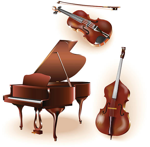 Set of 3 musical instruments - grand piano, violin & contrabass vector art illustration