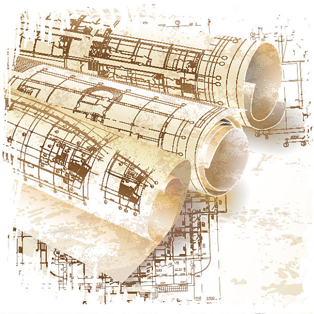 Grunge architectural background with rolls of drawings vector art illustration