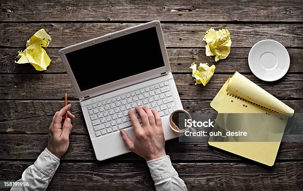 Writers Hands Typing On A Laptop Top View Stock Photo - Download Image Now - Adult, Adults Only, Blank