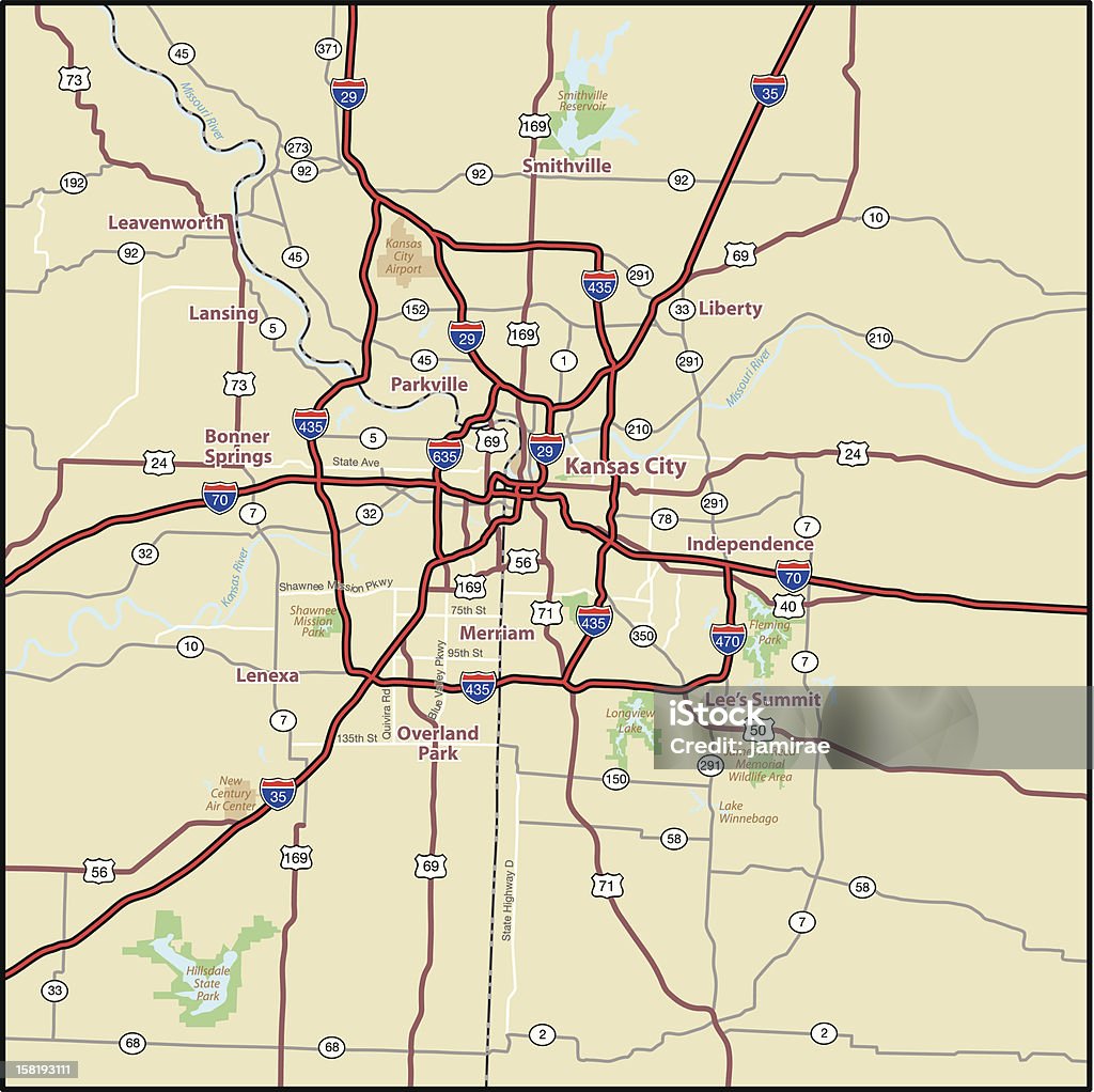Kansas City obszar Ulica mapy - Grafika wektorowa royalty-free (Kansas City - Stan Missouri)