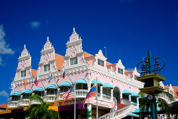 Royal Plaza, with Bell Tower,Oranjestad, Aruba stock photo