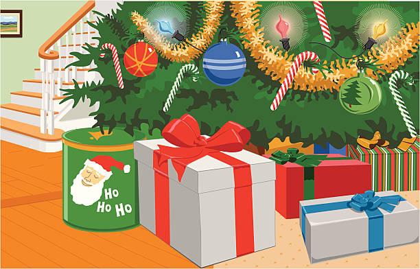 stockillustraties, clipart, cartoons en iconen met christmas gifts under a christmas tree with stairs in background - christmas tree