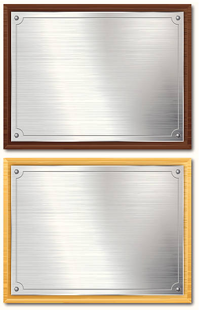 Silver Plaque Mounted On Wood Download includes EPS10 and AICS5 and JPEG and transparent PNG. Document is RGB mode. Transparency used. Opacity on the brushed metal, clipping paths on the wood grain and opacity mask to make the shine on the metal. pics of silver plaque stock illustrations