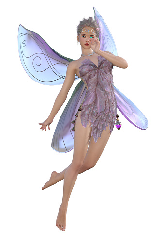Fantasy illustration of a cute and pretty fairy with pink hair, dress and wings, 3d digitally rendered illustration